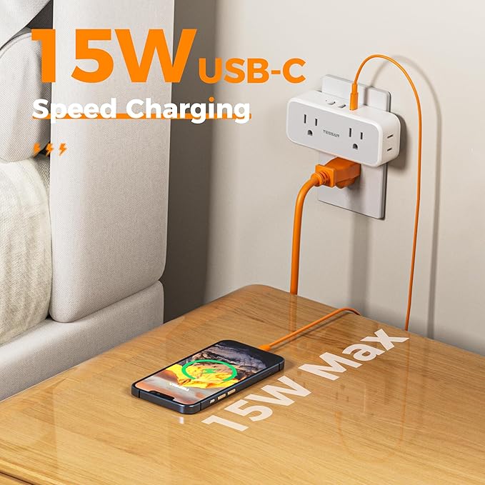 Surge Protector Outlet Extender, TESSAN Multi Plug Splitter with 4 Electrical Outlets 3 USB Ports(1 USB C), Multiple Plug Mini Wall Expander for Home Bathroom Office Dorm Room Essentials