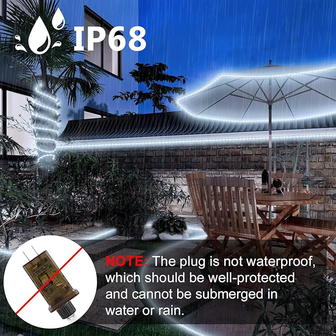 Connectable LED Rope Lights Indoor 66ft 800 LED Cool White Strip Lights Plug in with Remote &Timer, Connectable Rope Lights for Outside, Waterproof Lights for Bedroom Deck Patio Yard Garden Pool