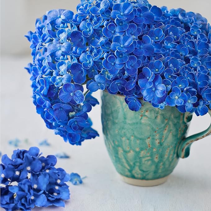 Auihiay 64PCS Royal Blue Hydrangea Artificial Flowers, Silk Hydrangea Heads with Stems, Fake Flowers for DIY Wedding Centerpiece, Home, Party, Baby Shower, Garden Decoration