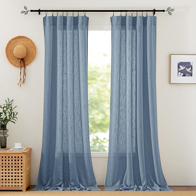 RYB HOME Semi Sheer Curtains 95 inches Length for Windows Sunlight Filering Privacy Protect Soft & Vertical Rod Pocket Drapes for Bedroom Living Room Dining, Blue Haze, W 52 x L 95 inch, 2 Panels