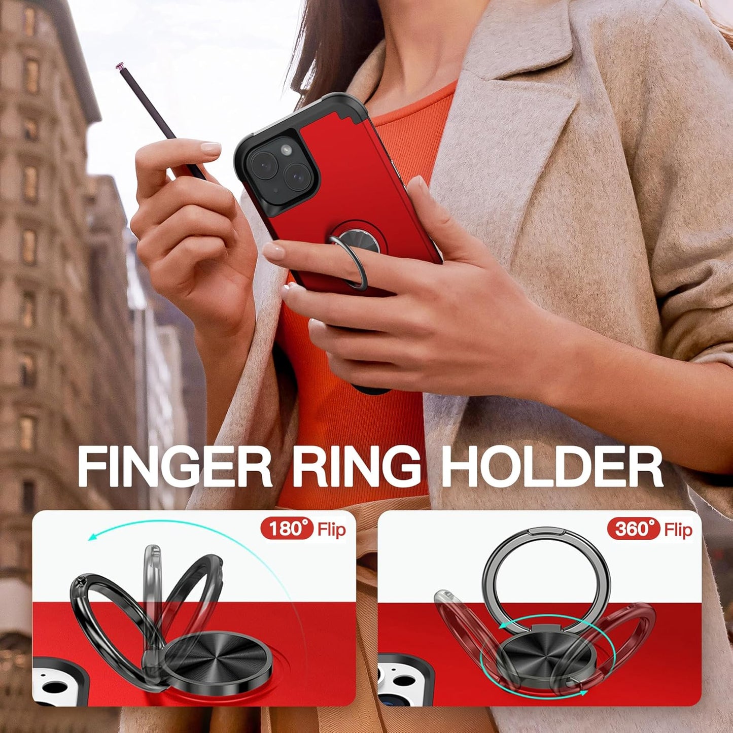 IDweel iPhone 14 Plus Case: 2-in-1 Shockproof Cover with Screen Protector, 360° Ring Holder, Camera Lens Protector, Red.