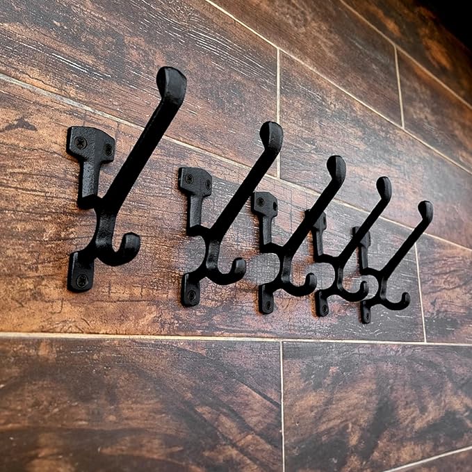 5 Pack Decorative Cast Iron Heavy Duty Double Hooks, Wall Mounted Coat Hooks, Vintage Inspired (Antique Black) (Type-7 Type)
