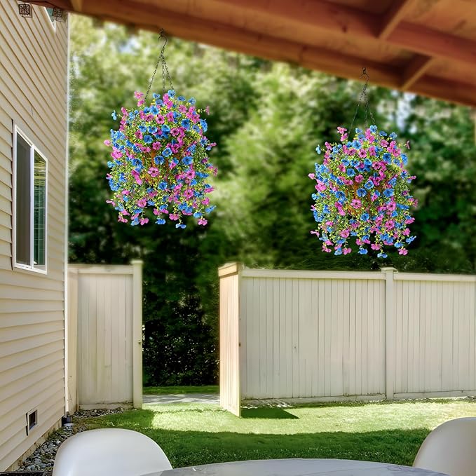 Artificial Hanging Flowers for Outdoors Spring Summer Decoration, 2PCS Silk Fake Daisy Realistic Outdoor Flowers UV Resistant Porch Patio Window Yard Decor(Purple Blue)