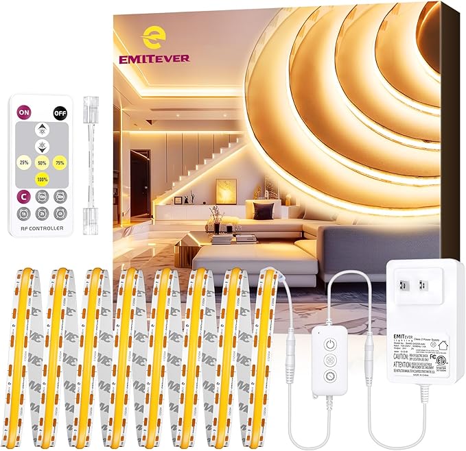 EMITEVER COB LED Strip Lights Kit Warm White with Remote & 24V Power Supply,16.4ft Dimmable Tape Light 2700K, High Density 2400LEDs, 300+LM/FT, CRI90+, Suitable for Bedroom Kitchen Cabinet Lighting