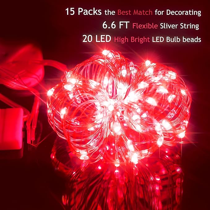 15 Packs 20 Led Red Fairy Lights Battery Operated 6.6ft Silver String Lights Waterproof Firefly Starry Light for Bedroom Dorm DIY Table Centerpieces Halloween Christmas Party Decor