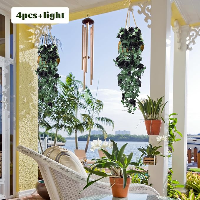 RECUTMS Artificial Hanging Rose Flower 4Pieces 3.3Ft Flowers for Outdoors with 30 LED Fairy String Lights Fake Indoor Wall Wedding (Black)