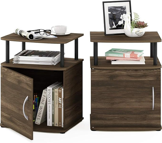 Furinno JAYA End Side Sofa Table/Nightstand with Door, 2-Pack, PVC Tubes, Columbia Walnut/Black
