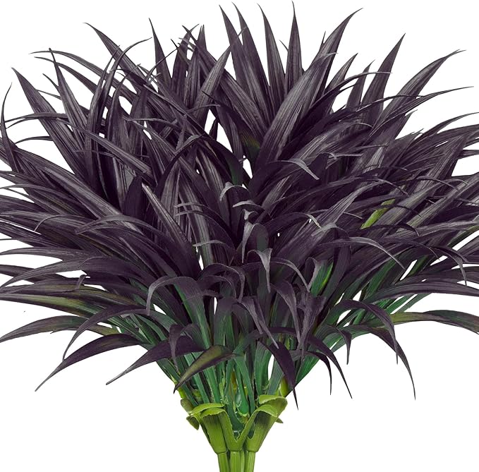 Ouddy Decor 20 Pcs Fake Outdoor Plants Artificial Grass Greenery Stems Faux Plastic Plants UV Resistant for Fall Halloween Indoor Outside Garden Hanging Planter Porch Home Decor, Black Purple