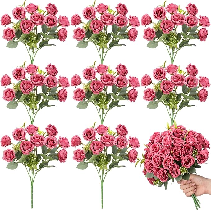 Zeyune 8 Pack 12 Inch Wedding Bouquets for Bride Bridesmaid Pastel Pink Artificial Rose Bouquet Fake Silk Roses Flowers Bunches Bulk for Home Office Garden Parties Decoration