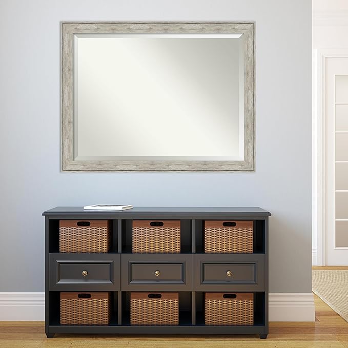 Amanti Art Silver Bathroom Mirror for Over Sink, 35x45 Crackled Metallic Rectangle Vanity Mirror, X-Large Country Rustic Frame, Hangs Horizonally and Vertically, Bathroom Wall Decor, Beveled Edge