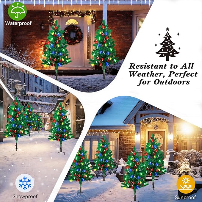 Lewondr Set of 2 Prelit Pathway Christmas Trees, 47.24" Outdoor Xmas Tree with 50 LED Strawberry Lights, Pine Cones Red Green Fruits, Solar and Type-C Powered Xmas Decor with Small Bells for Yard Home