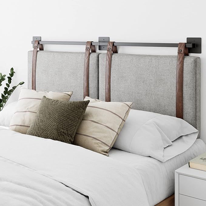 Nathan James Harlow Modern Wall Mount Hanging Headboard, Queen, Gray with Brown Faux Leather Straps