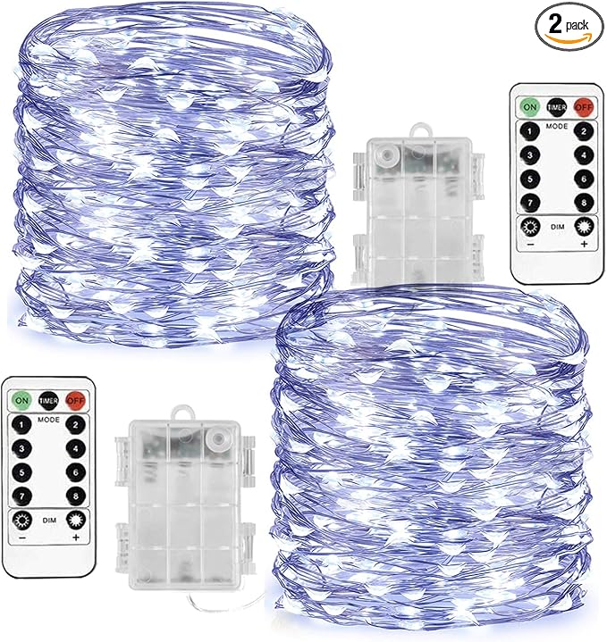 Homemory 2 Pack 33 Ft 100 LED Fairy Lights Battery Operated String Lights with Remote Waterproof 8 Modes Firefly Twinkle Christmas Lights for Outdoor Wedding Decorations(Cool White)