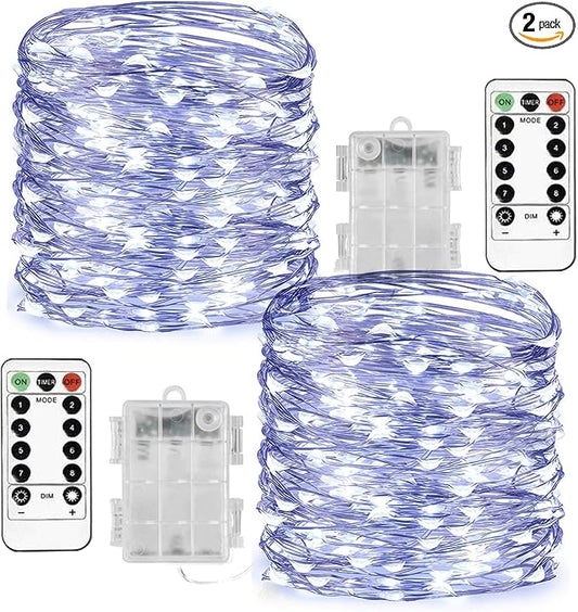Homemory 2 Pack 33 Ft 100 LED Fairy Lights Battery Operated String Lights with Remote Waterproof 8 Modes Firefly Twinkle Christmas Lights for Outdoor Wedding Decorations(Cool White)