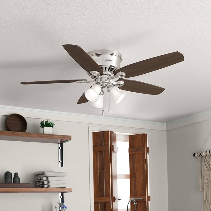 Hunter 52 inch Indoor Ceiling Fan with LED Lights - Ceiling Fan with Pull Chain, For Bedroom, Living Room, or Kitchen, Low Profile Mount, No Remote, 5 Blades - Builder 53328, Brushed Nickel