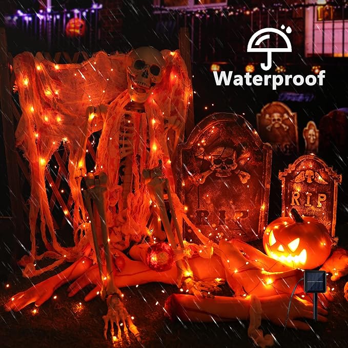 Brizled Orange Fairy Lights, 2 Pack Total 78FT 240 LED Solar Halloween Fairy Lights, 8 Modes Outdoor Halloween Lights, Waterproof Orange Twinkle Light for Outside Party Yard Decor Black Wire