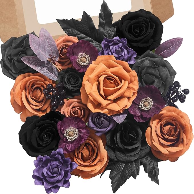 Alecono Artificial Flowers, Orange and Purple Silk Fake Flowers for DIY Wedding Bridal Bouquets, Cake Flowers for HalloweenTable Centerpieces Party Home Decorations
