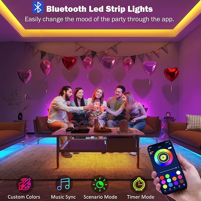 130 ft Led Lights for Bedroom,(2 Rolls of 65FT) Bluetooth Smart APP Control Color Changing RGB Led Strip Lights with Remote Control Led Lights for Room Kitchen Party Home Decoration
