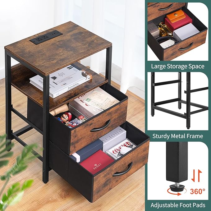 Yoobure Nightstand with Charging Station, Small Night Stand with Fabric Drawers and Storage Shelf for Bedrooms, Small Spaces, Bedside Table with USB Ports & Outlets