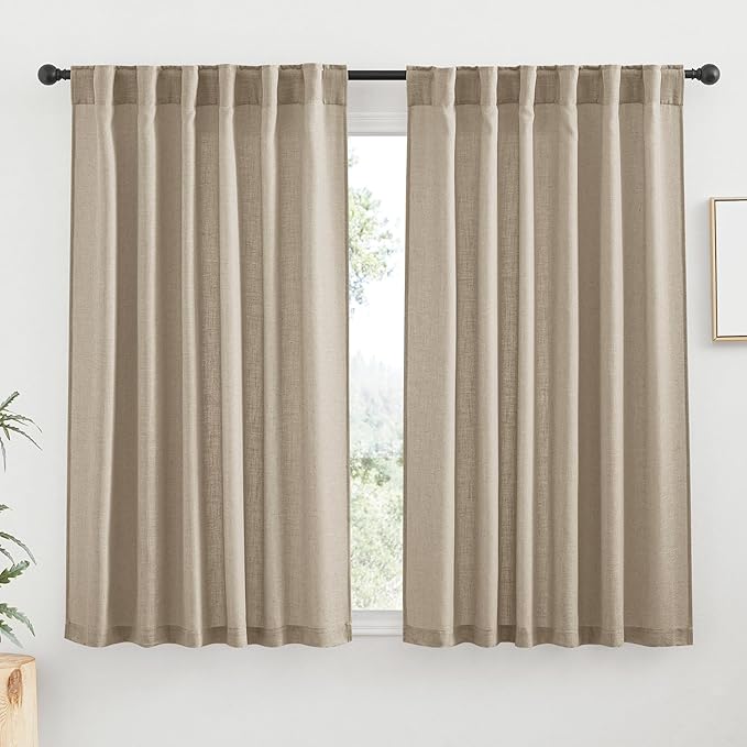 RYB HOME Linen Sheer Curtains for Small Window, Back Tab Breathable Absorbent Curtains & Drapes, Light Filter Half Privacy Protect for Study Room Office, Length 63 by Width 52 inch, 2 Panels, Khaki