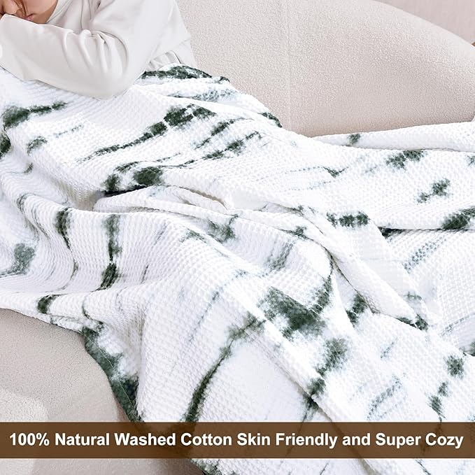 PHF 100% Cotton Tie-dye Waffle Weave Blanket King Size,Soft Breathable Skin-Friendly Durable Layering for All Season, Manual Elegant Delicate Pattern for Bed, Home Decor, Couch,Tie Dyed Green, 104x90