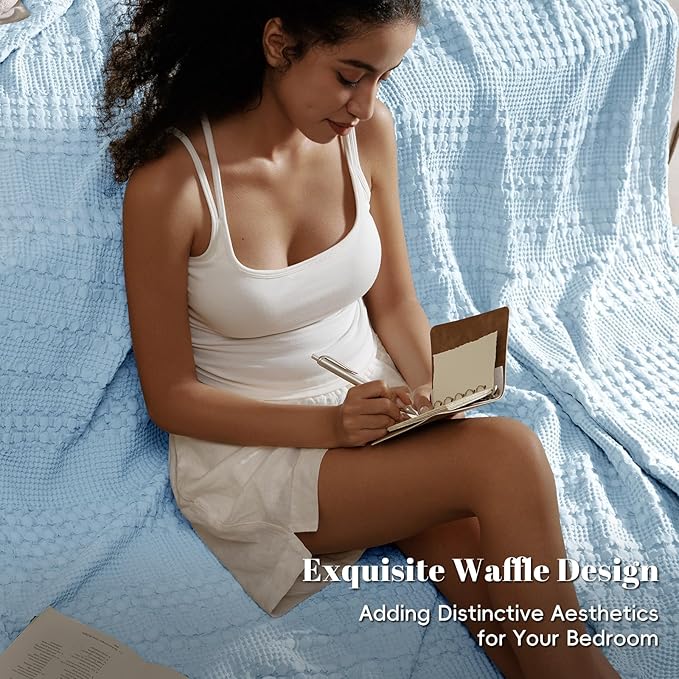 PHF 100% Cotton Waffle Weave Blanket King Size for Bed, Soft Lightweight & Breathable, All-Season Comfort, Luxury Aesthetic Woven Bedding for Home Decor, 108"x90", Baby Blue