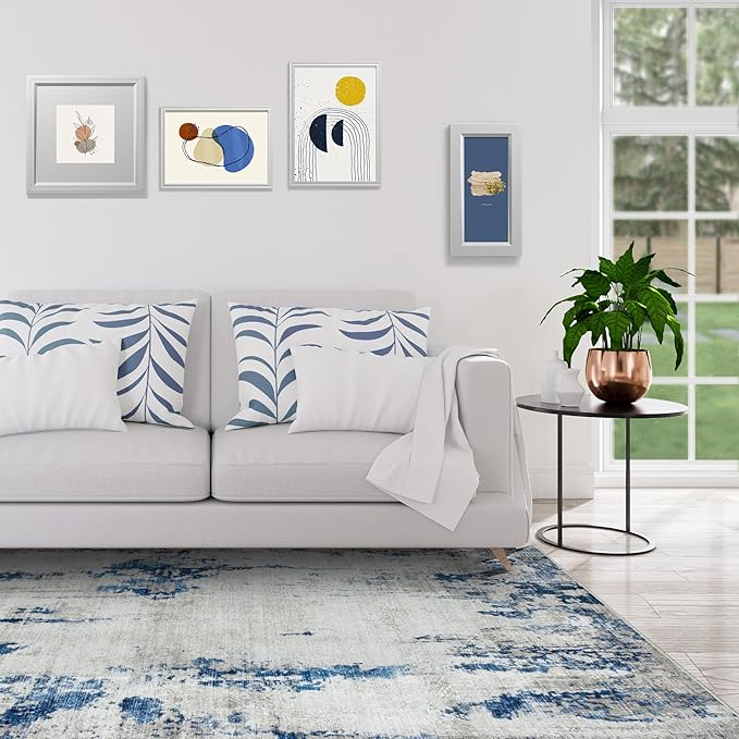 8x10 Area Rugs for Living Room Rug Washable: Modern Large Rug for Dining Room Bedroom Carpet Non Slip 8 by 10 Indoor Abstract Nursery Home Office Blue White