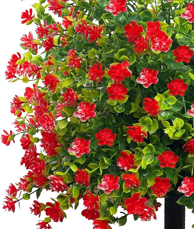 Set of 2 Artificial Topiary Boxwood Rose Ball Christmas Trees with Ground Spike,23" UV Resistant Outdoor Xmas Decor Faux Greenery Shrubs with Flowers, Fake Plants Bush for Garden, Yard, Porch