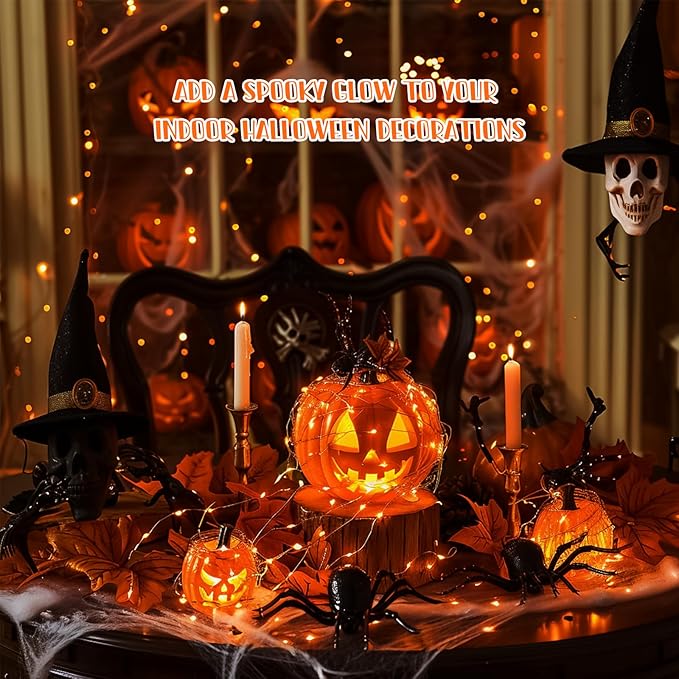 JMEXSUSS 8 Pack 50 LED Orange Fairy Lights Battery Operated, 16 Ft Orange Halloween Lights for Parties, Garden, Patio Decorations