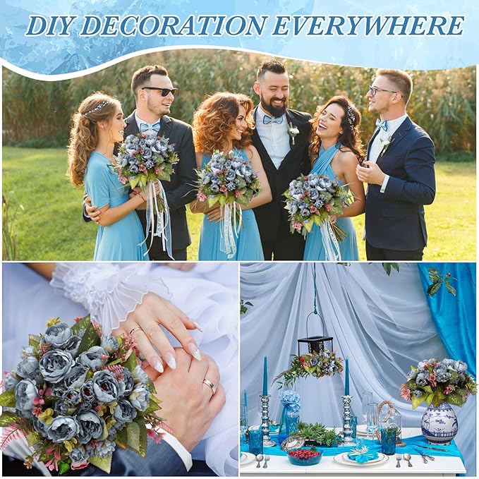 Geosar 8 Bundles Artificial Peonies Flowers Fake Silk Peony Bouquet Faux Peonies Flowers Bulk for Decoration Vase Floral Arrangements Wedding Party Table (Blue)