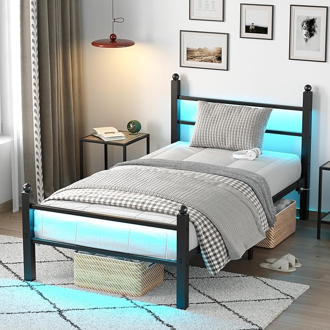 Twin Bed Frame with Headboard and Footboard, Metal Bed Frame with Charging Station and LED Lights, Under Bed Storage, No Box Spring Needed,Noise Free, Black
