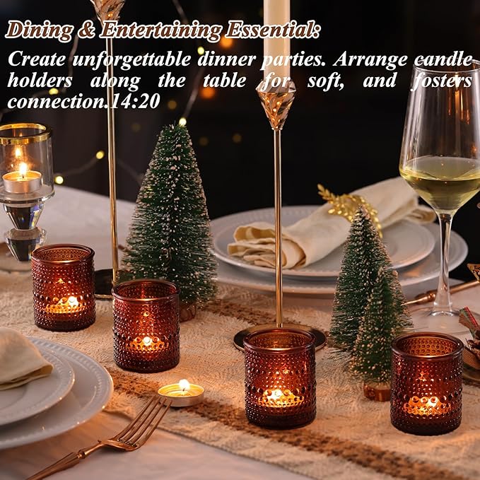 15Pcs Glass Votive Candle Holders, Amber Tea Light Candle Holders Vintage Fall Tealight Candle Holder Bulk for Autumn, Thanksgiving Table Centerpieces, Christmas Decor (Amber)