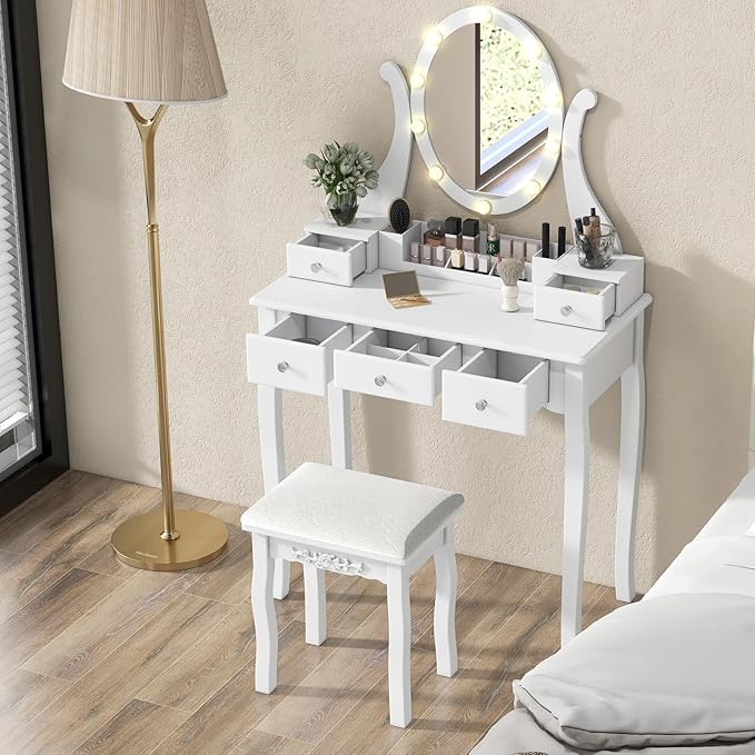CHARMAID Makeup Vanity Table with Lighted Mirror, Vanity Desk with 10 LED Lights, Adjustable Brightness, 5 Drawers and Removable Storage Organizer, Bedroom Dressing Table with Stool (White)