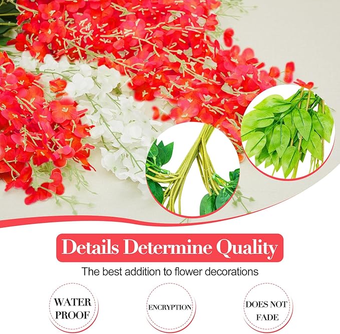 Giegxin 24 Pcs Artificial Wisteria Hanging Flowers 3.6 ft Artificial Fake Wisteria Vine Rattan Hanging Garland Silk Flowers String for Wall Home Wedding Party Greenery Decorations (Dark Red,White)