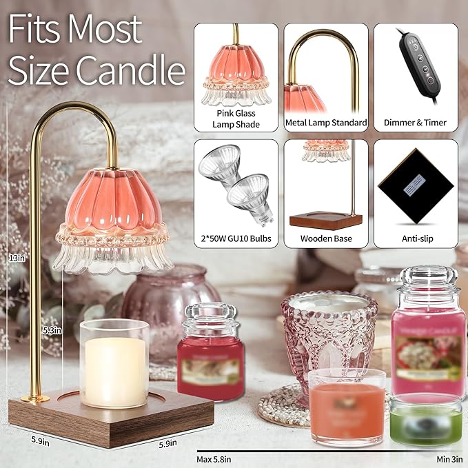 Candle Warmer Lamp, Candle Lamp Wax Warmer, Timer & Dimmer 7-Levels, Compatible All Jar Candles, Top Melting, Glass Candle Heater Lamp for Scented Wax, Elegant Home Decoration, Pink Flower