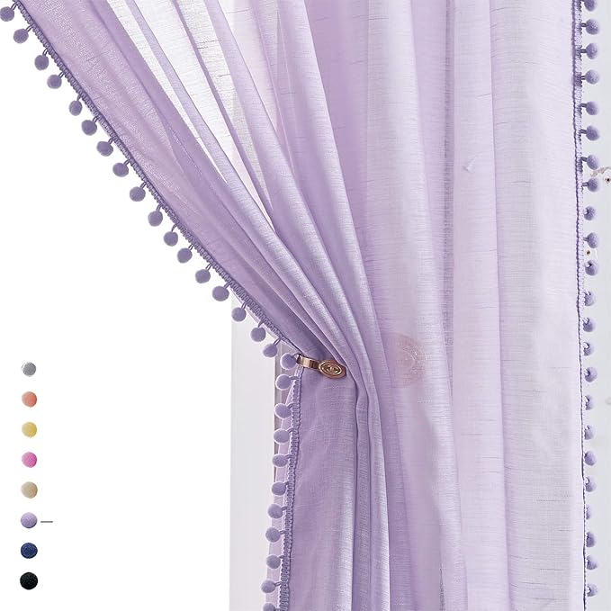 Treatmentex Pompom Sheer Curtains for Living Room 72" Lilac Window Drapes Lavender Voile Curtain for Girls' Room 2panels Rod Pocket