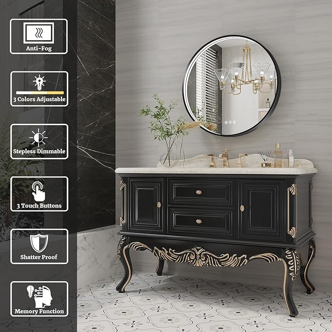 24 Inch Round LED Bathroom Mirror, Black Metal Framed Lighted Mirror for Bathroom, Wall Mouted LED Vanity Mirror with Lights, 3 Colors and Stepless Dimmable, Anti-Fog, Memory