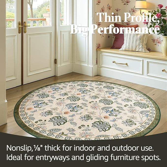 jinchan 5ft Floral Round Rug for Entryway Washable Kitchen Rug Vintage Romance Design Non Slip Indoor Doormat Lightweight Low-Profile Throw Carpet for Living Room Dining Room Bedroom, Green/Beige
