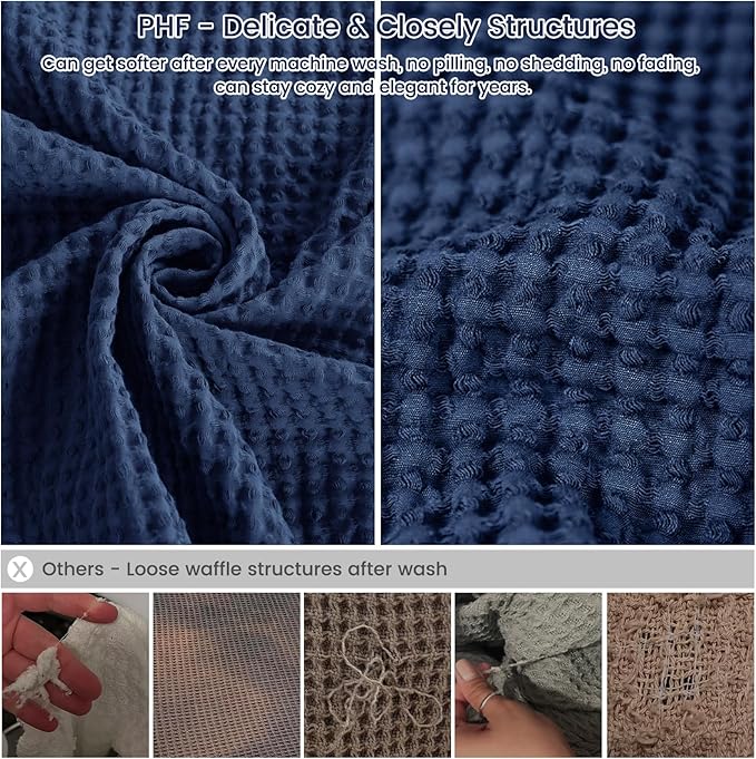 PHF 100% Cotton Waffle Weave Family Blanket,Oversized King Size 120"x 120"-Pre-Washed Snag Proof Lightweight Breathable, 10'x 10' Huge Extra Large Big,Home Decoration Gift-Navy Blue/Bright Blue