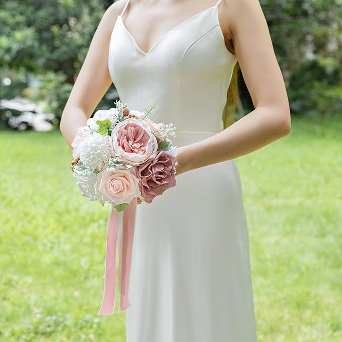 ponatia Dusty RoseWedding Bouquets for Bride Bridesmaid, Blush Pink Wedding Artificial Roses Flowers for Wedding Bouquets Ceremony, Anniversary (Dusty Rose & Blush)