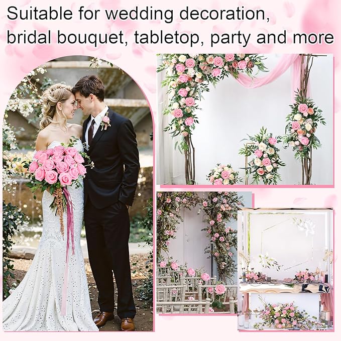 Ouddy Decor 50 Pcs Artificial Pink Roses Bulk Realistic Silk Roses with Long Stems Fake Roses Flowers for Wedding Bridal Bouquet DIY Table Centerpieces Arrangement Valentines Day Home Decor, Pink