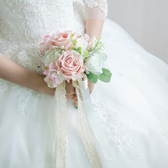 Wedding Bouquets for Bride Bridesmaid, Artificial Dusty Rose Bride Flower Bouquet for Wedding Church Decoration Ceremony, Anniversary, etc, Roses Flowers