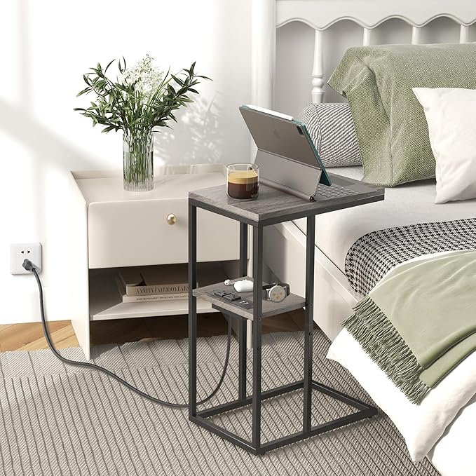Yoobure C Shaped End Table with Charging Station, Small Side Table for Living Room, Bedroom, Sofa with USB Ports and Outlets for Small Spaces, C Couch Rustic Snack Bed Side Table
