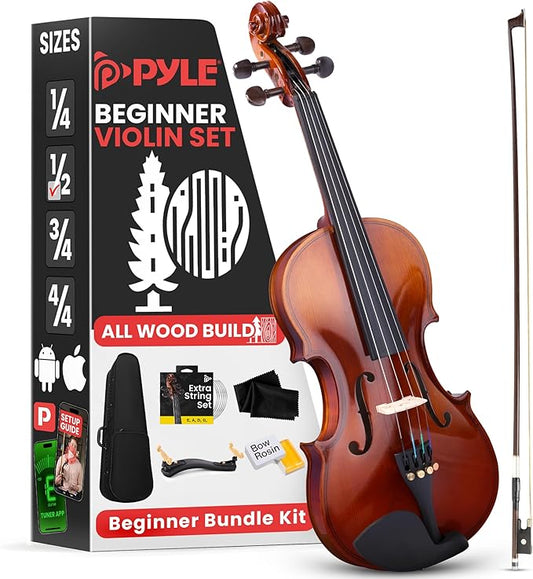 Pyle 1/2 Size Beginner Violin Starter Kit, Violin Starter Package with Travel Case & Bow, Extra Strings, Digital Tuner, Shoulder Rest & Cleaning Cloth for Students, Kids, Adults