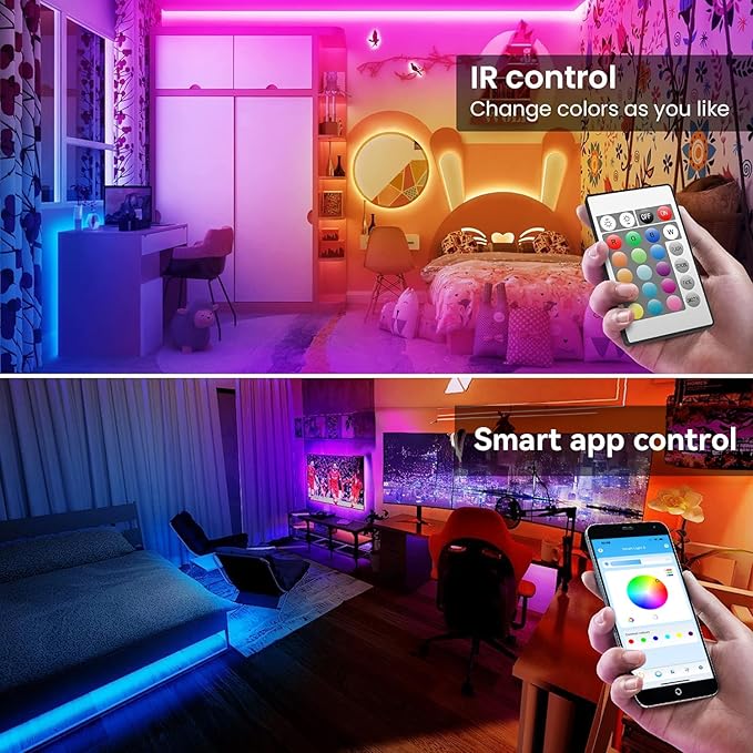 TJOY 50ft Bluetooth LED Strip Lights, SMD5050 Music Sync Tape Lighting, RGB Color Changing Rope Lighting with Remote,Smart APP Control, LED Lights for Bedroom,TV,Room DIY (APP+Remote +Mic/50ftx1)