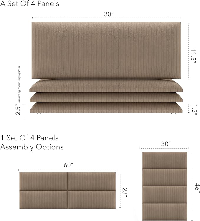 Vänt Upholstered Wall Panels - Queen/Full Size Wall Mounted Headboards - Ribbed Taupe - Set of 4 Panels (Each Individual Panel 30"x11.5")