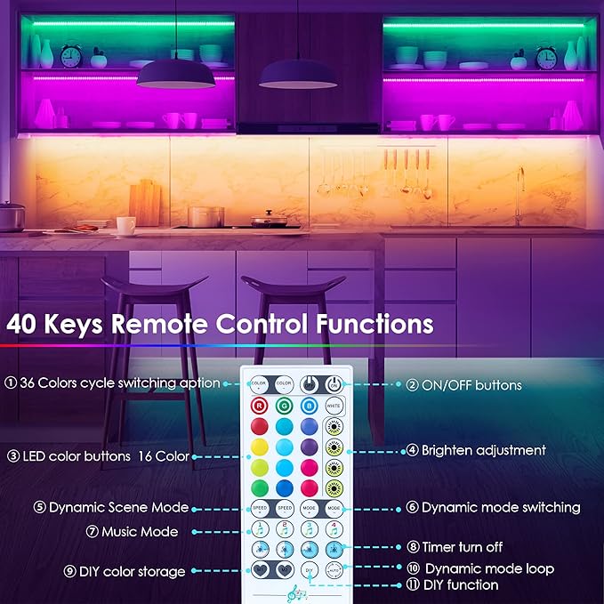 maylit 8 PCS 3.3FT Smart RGB Under Cabinet Lights Kit, Work with Alexa and Google Assistant, App and Remote Control, Music Sync Color Changing, Timer, Dimmable, for Cabinet, Counter, Shelf, Bookcase