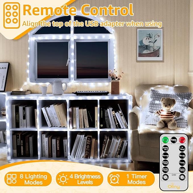 Ollny 100 LED Remote Control Rope Lights, 33FT USB Power Cool White String Lights, 8 Modes IP68 Waterproof Timer Fairy Lights for Bedroom Indoor Party Wedding Decor
