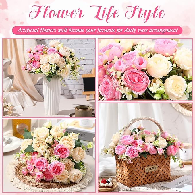Geosar 8 Bundles Artificial Peonies Flowers Fake Silk Peony Bouquet Faux Peonies Flowers Bulk for Decoration Vase Floral Arrangements Wedding Party Table (Pink,Champagne)