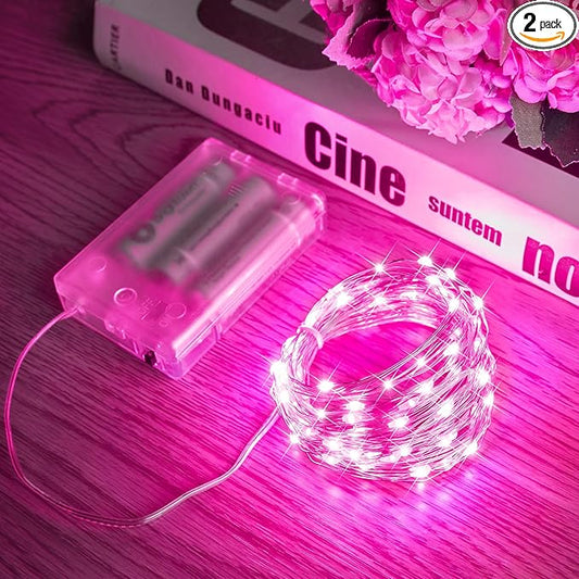 Minetom Fairy Lights Battery Operated, 2Pack 33Feet 100 LEDs Mini Battery Powered String Lights, Waterproof Twinkle Lights Mason Jar Lights for Indoor Home Wedding Christmas Decoration, Pink